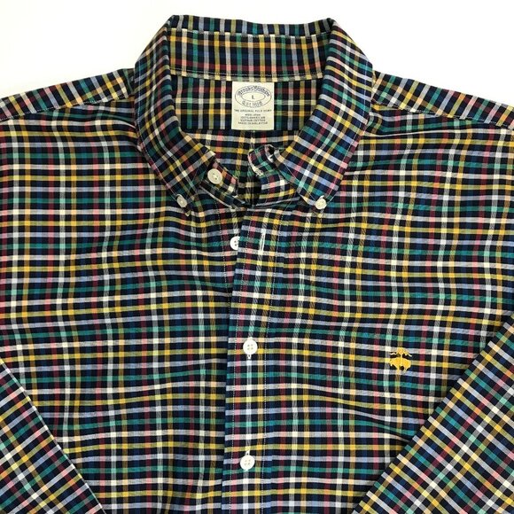 Brooks Brothers Men Large Cotton Red Multi-Color Plaid Logo Shirt - Picture 1 of 5